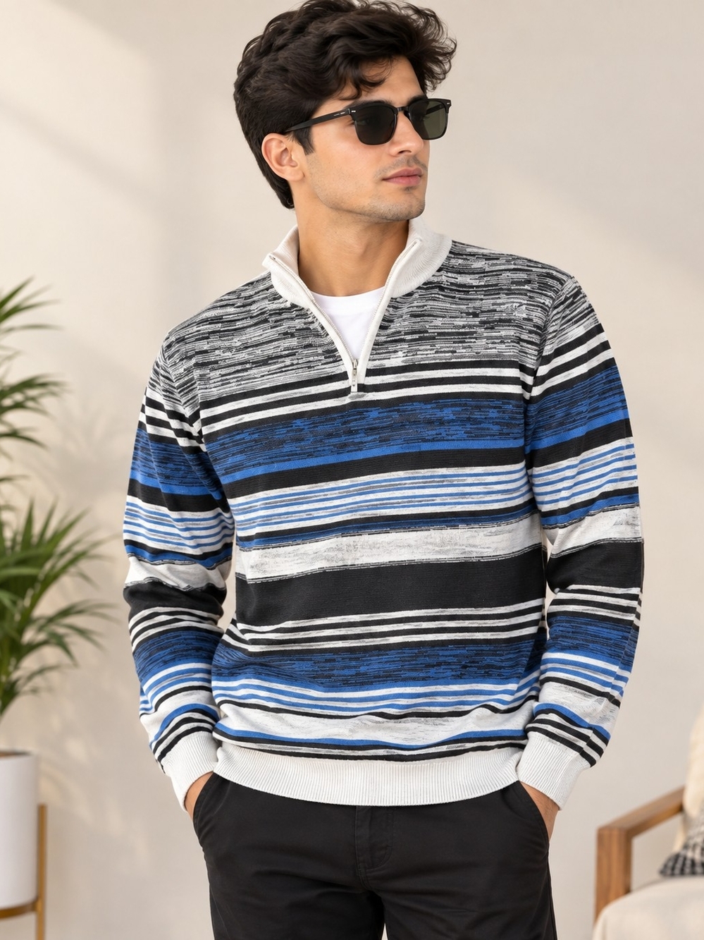 LCR Black Edition Men’s XL Blue Black Striped Quarter Zip Sweater